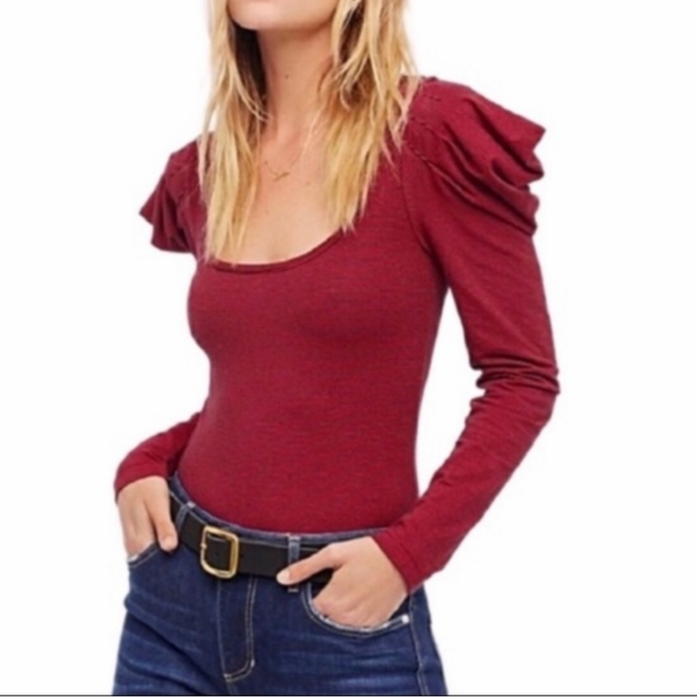 Free People Penelope Puff Sleeve Stripe Red Pullover Top
